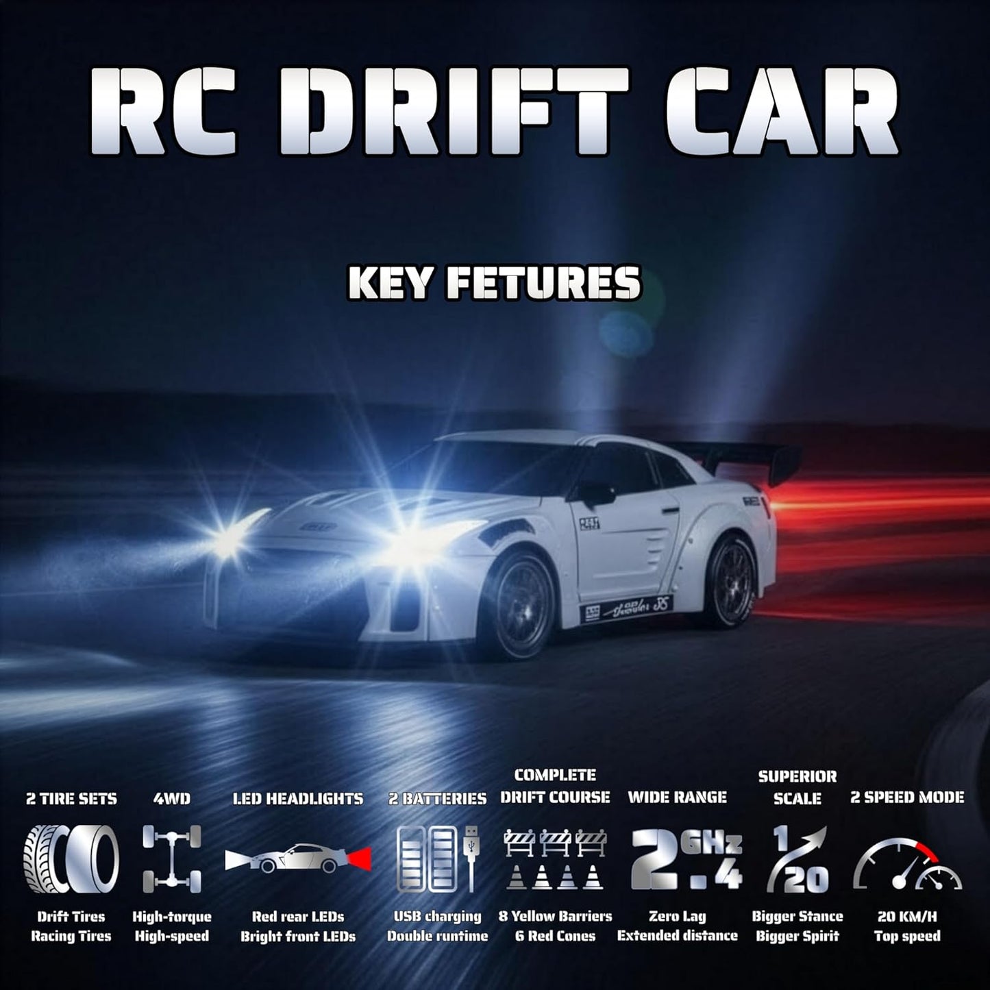 YKO 1:20 Drift Car, 1:20 4WD High Speed 20KM/H Car with LED Lights, 6 Traffic Cones & 8 Track Barriers, Racing Toy for Adults - Main Product Image