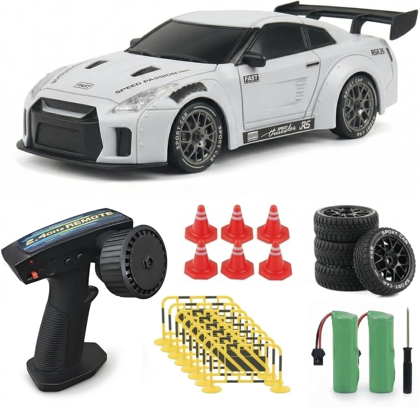YKO 1:20 Drift Car, 1:20 4WD High Speed 20KM/H Car with LED Lights, 6 Traffic Cones & 8 Track Barriers, Racing Toy for Adults - View 2