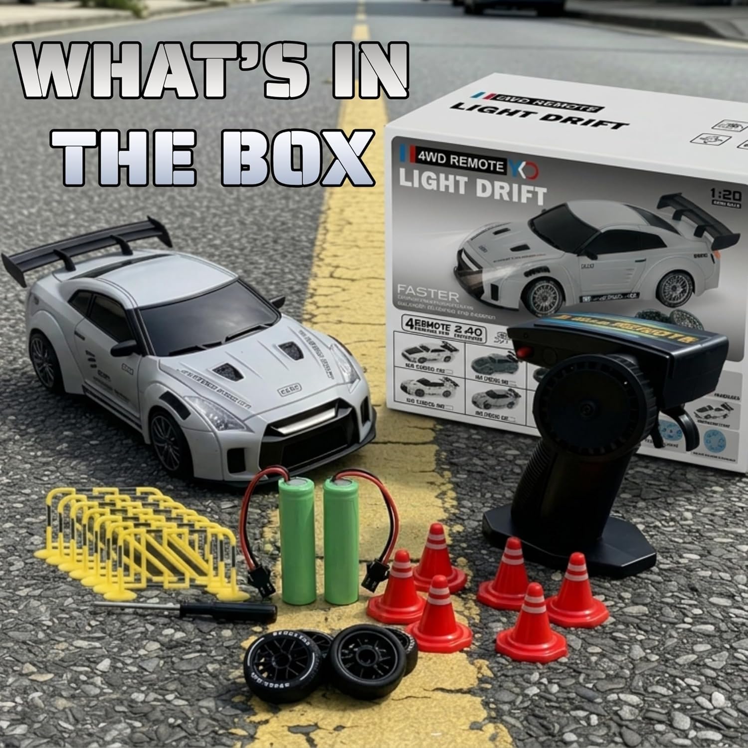 YKO 1:20 Drift Car, 1:20 4WD High Speed 20KM/H Car with LED Lights, 6 Traffic Cones & 8 Track Barriers, Racing Toy for Adults - View 8