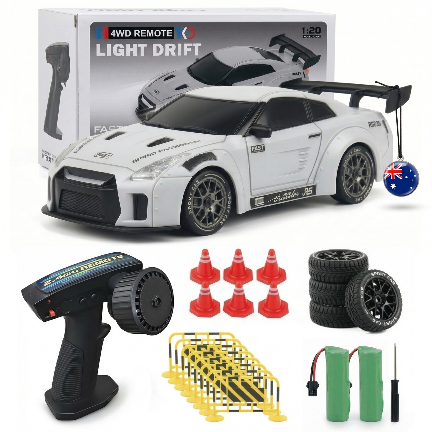 YKO 1:20 Drift Car, 1:20 4WD High Speed 20KM/H Car with LED Lights, 6 Traffic Cones & 8 Track Barriers, Racing Toy for Adults